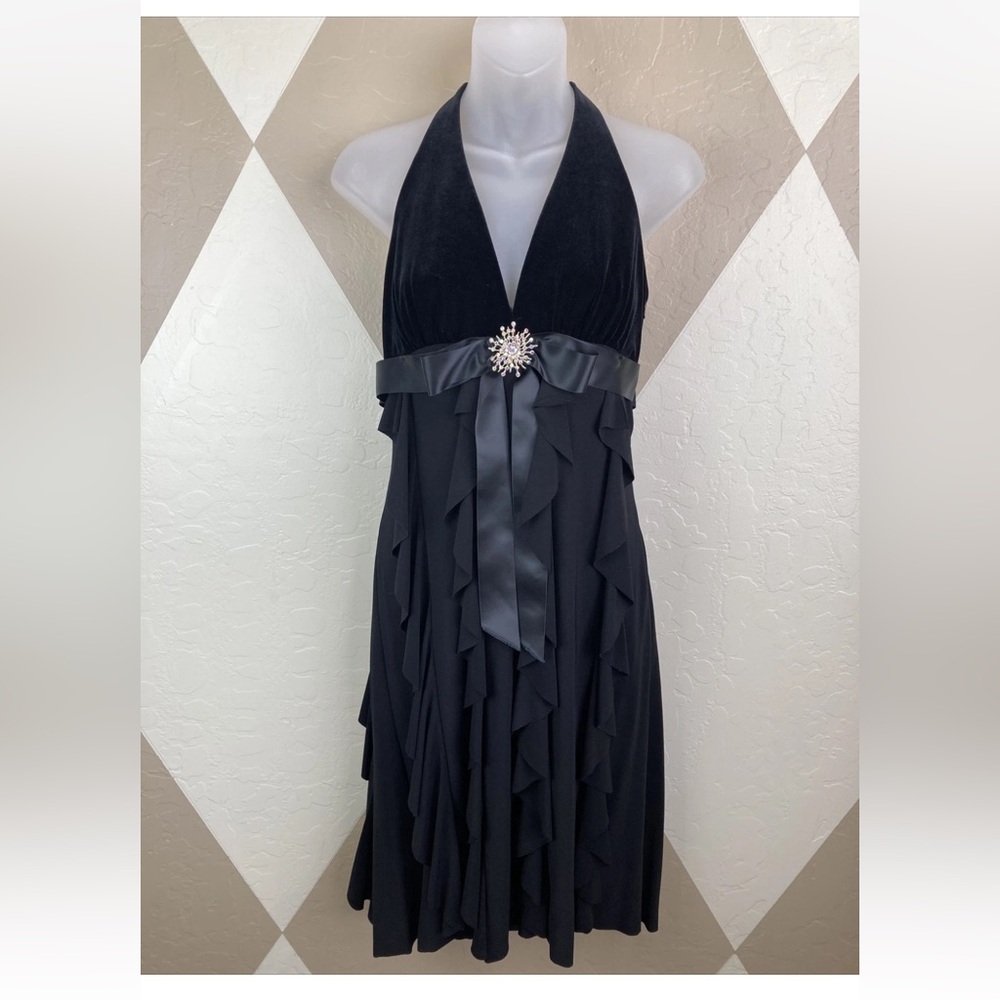 Betsey & Adam Halter Dress Size 10 Black Sheath Knee Length Cocktail Ruffles